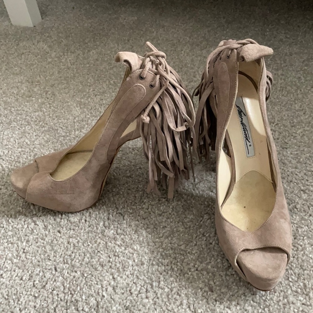 Brian Atwood Verner Suede Fringe Peeptoe